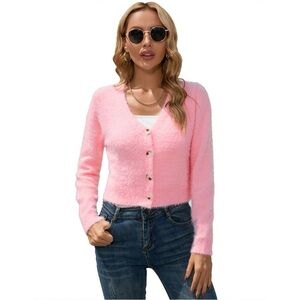 SO pink v-neck button down fuzzy cardigan